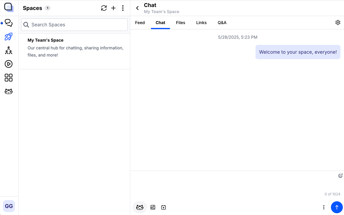 A team Space with chat and tabs for activity, files, links, and questions and answers.