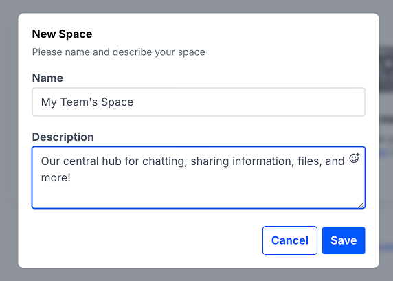 Creating a Space with a name and description.