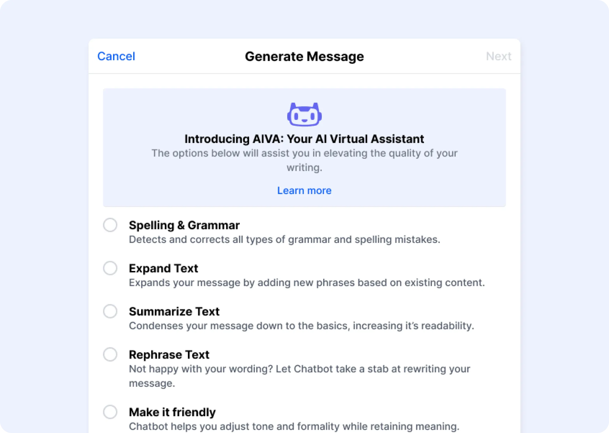 AIVA message revision options include spelling and grammar, expansion, summarization, and rephrasing.