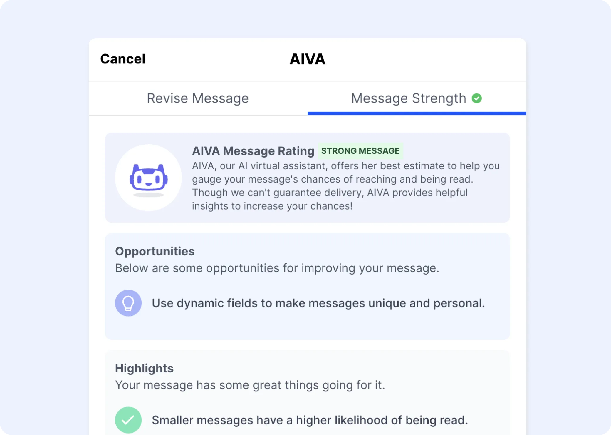 AIVA message strength analysis with opportunities and highlights for improving a draft.