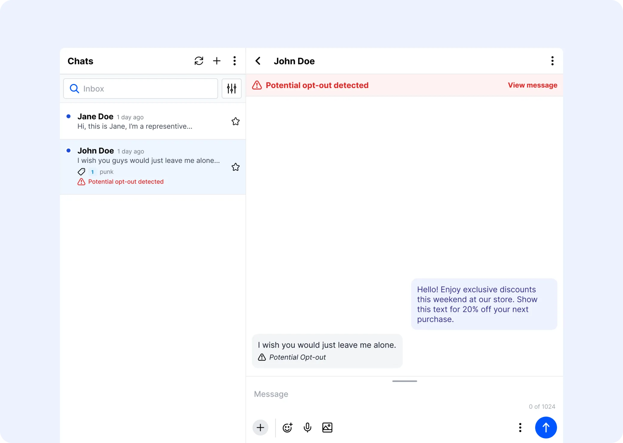 Chat inbox flags a potential opt-out for review.