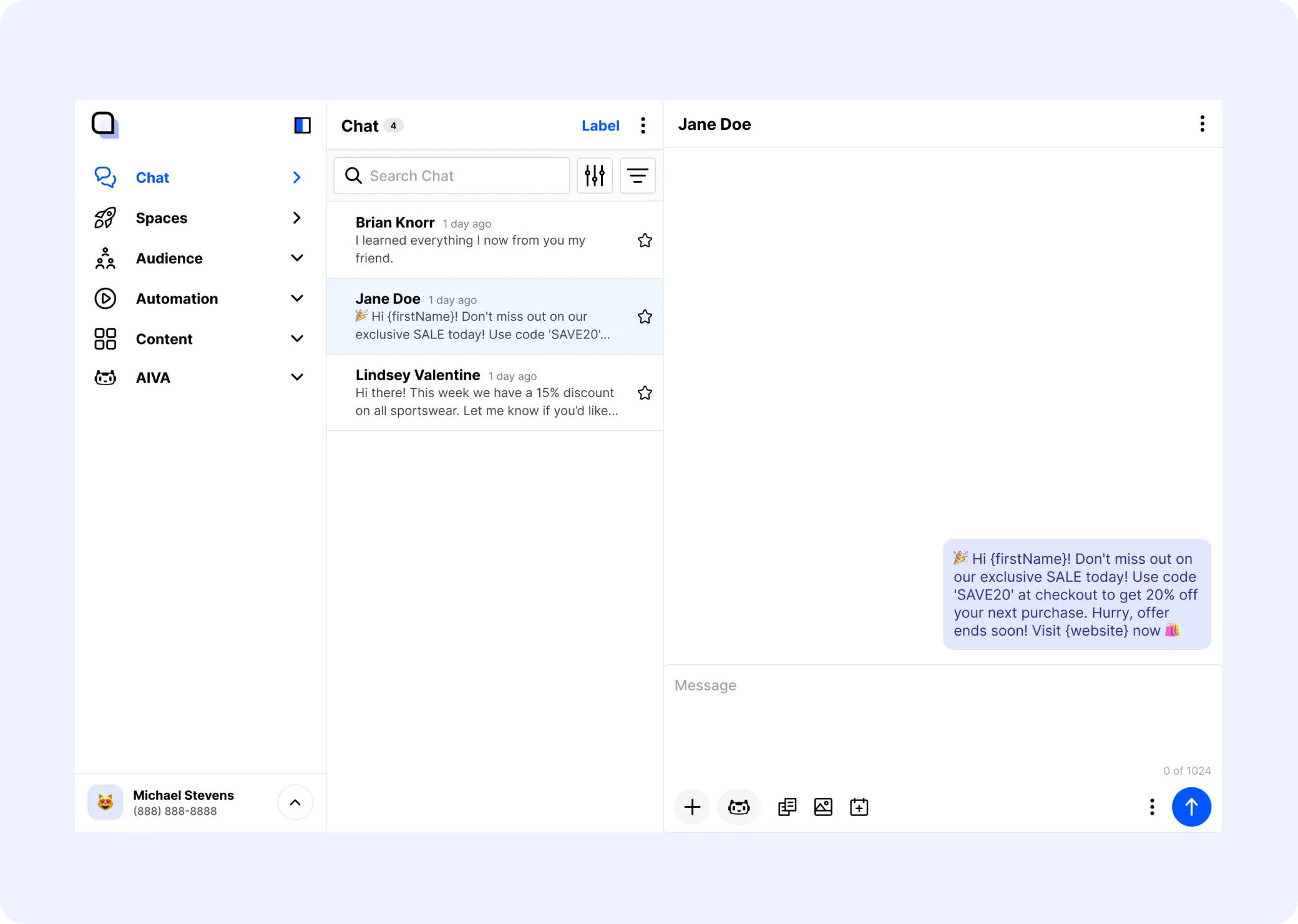 Chat inbox with contact conversations and a message composer.
