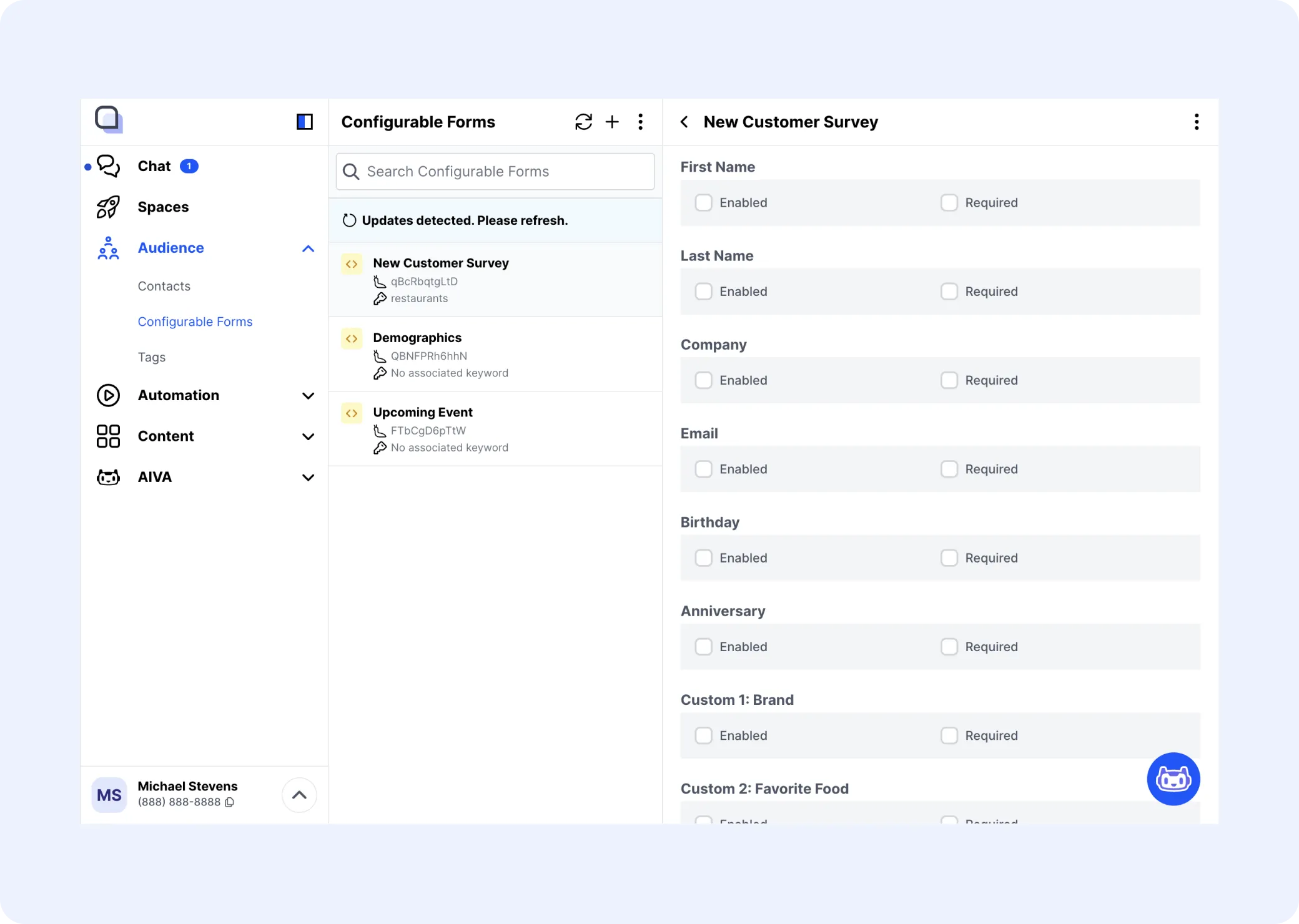 Configurable form fields for contact details and custom information.
