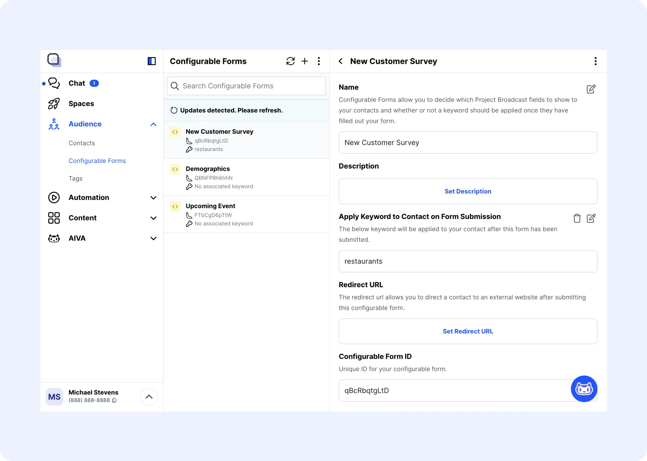 Configurable form setup with a description, campaign selection, redirect URL, and shareable link.