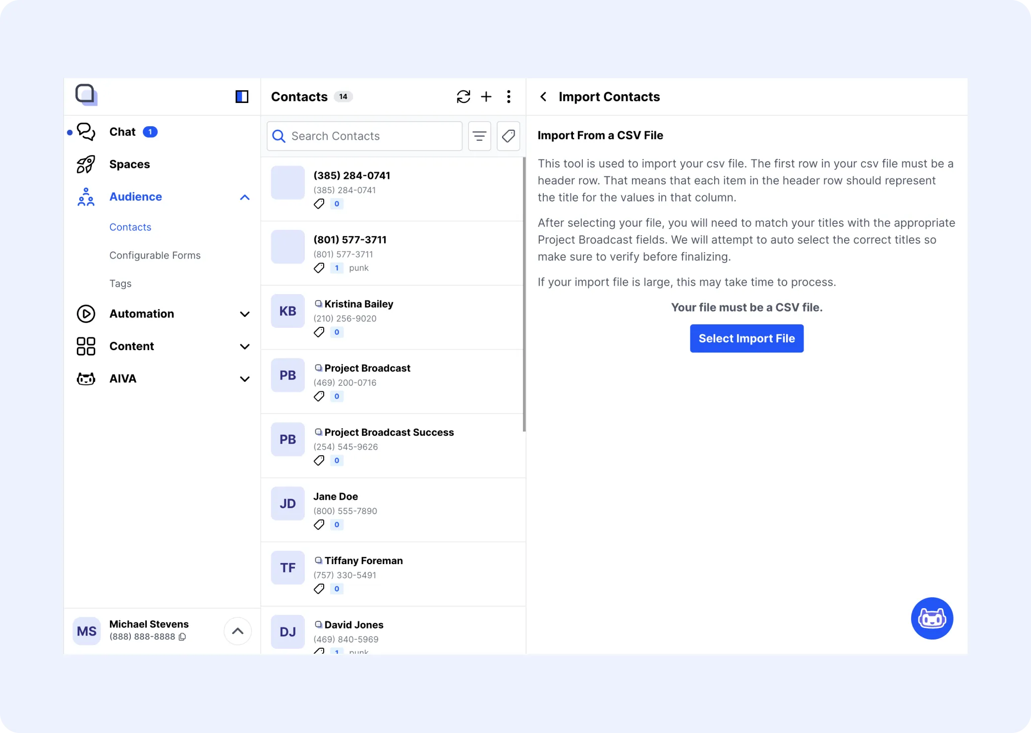 Contact importer with an option to select an import file.