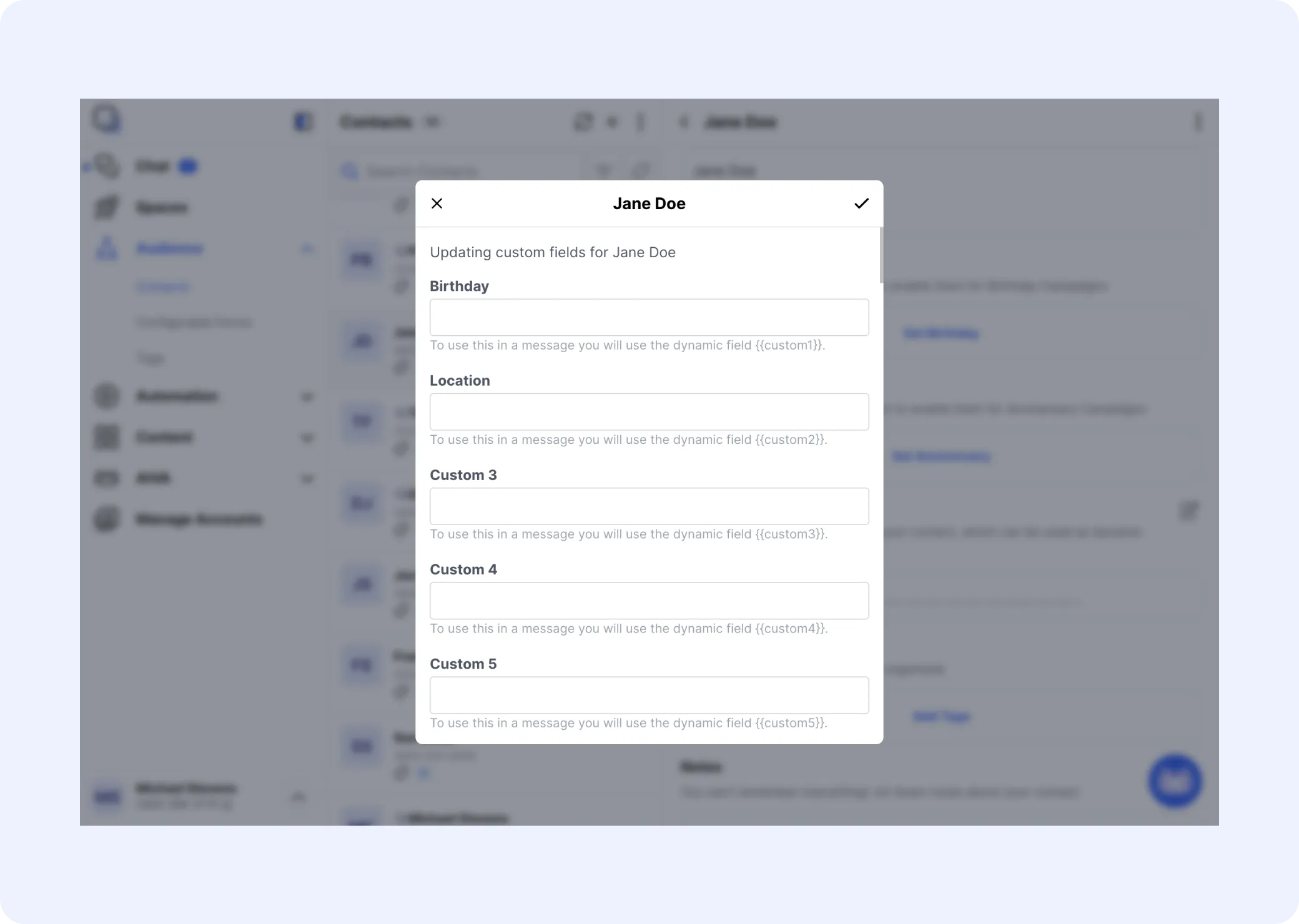 Editing a contact’s custom fields, including birthday and location.