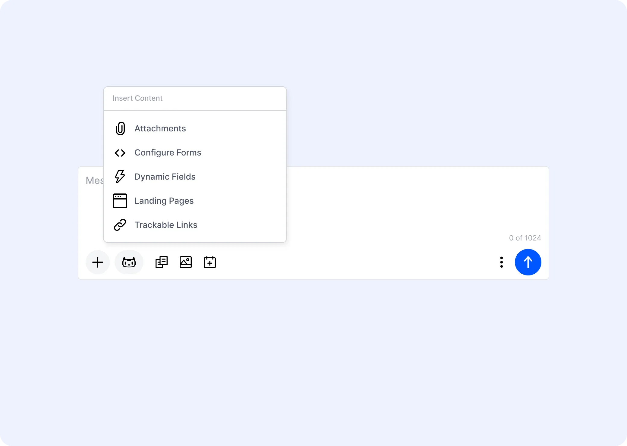 Message composer with options to insert attachments, forms, dynamic fields, landing pages, and trackable links.