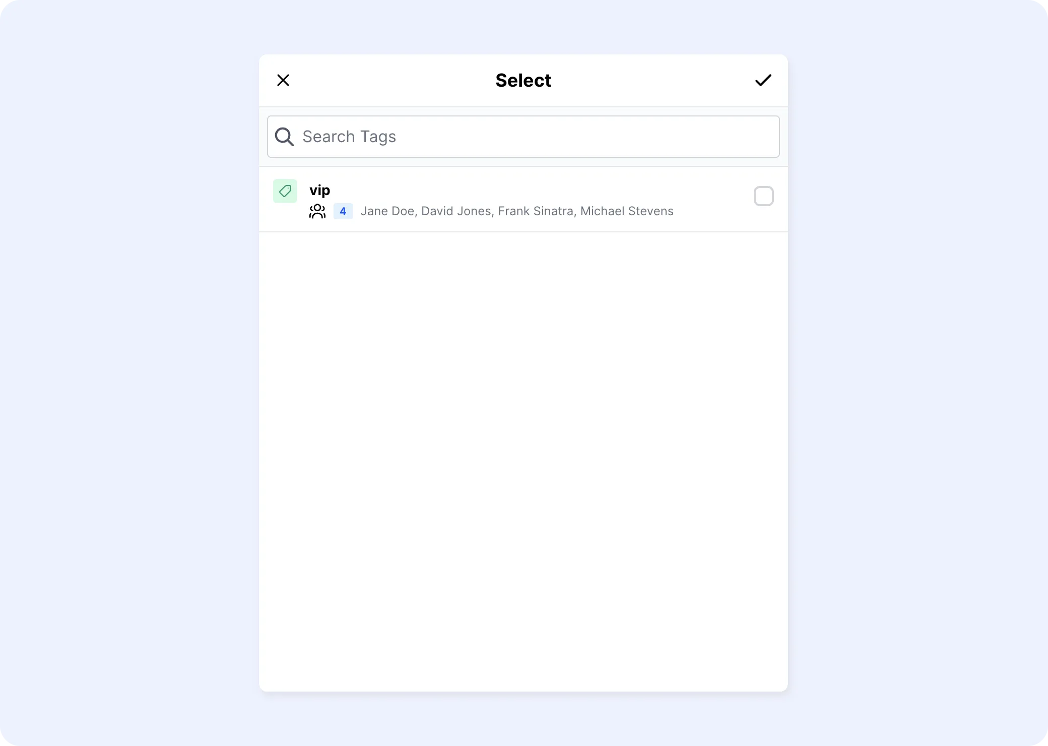 Selecting a contact tag to choose a group of recipients.