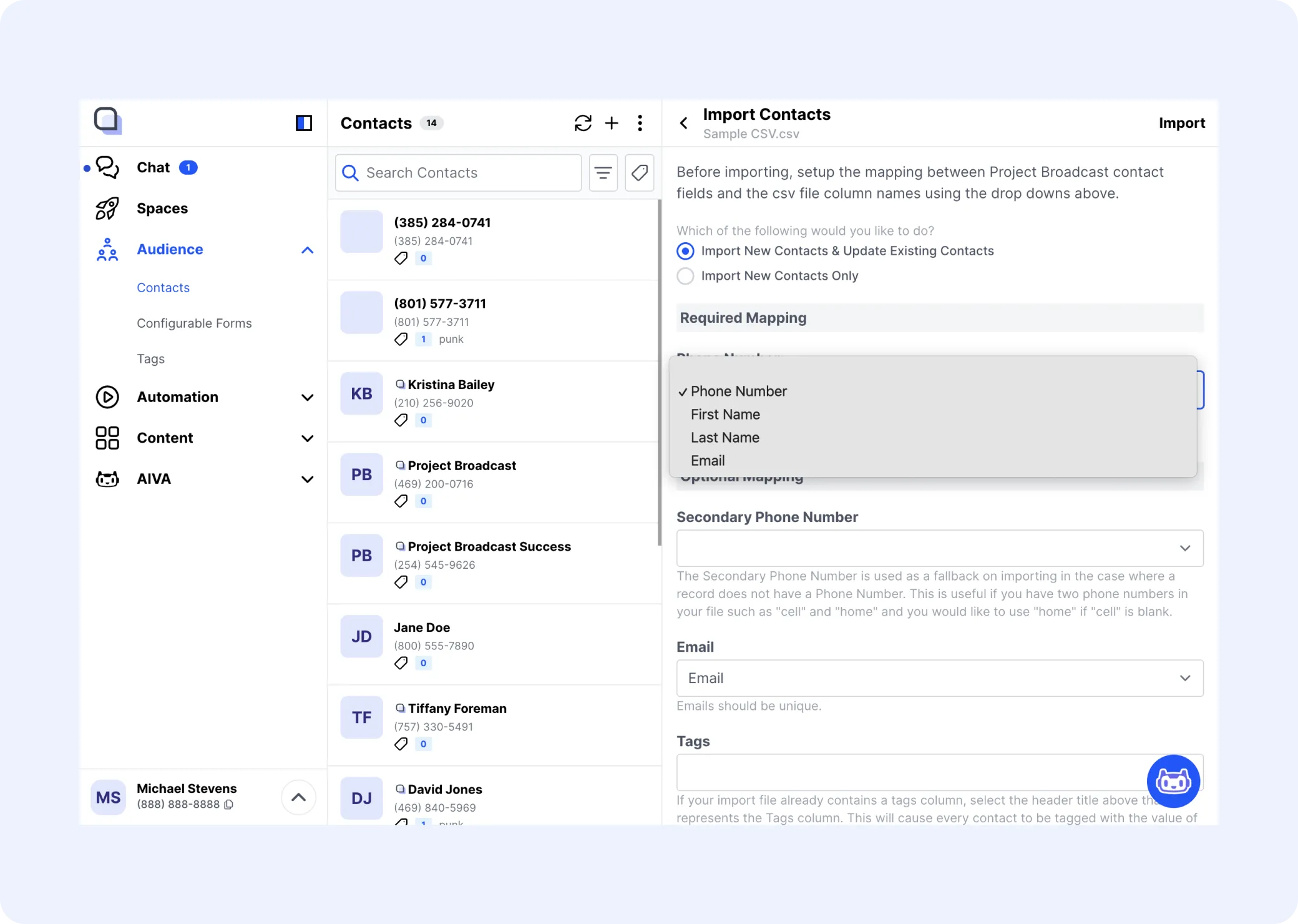 Mapping imported contact data to phone number, name, email, and tag fields.