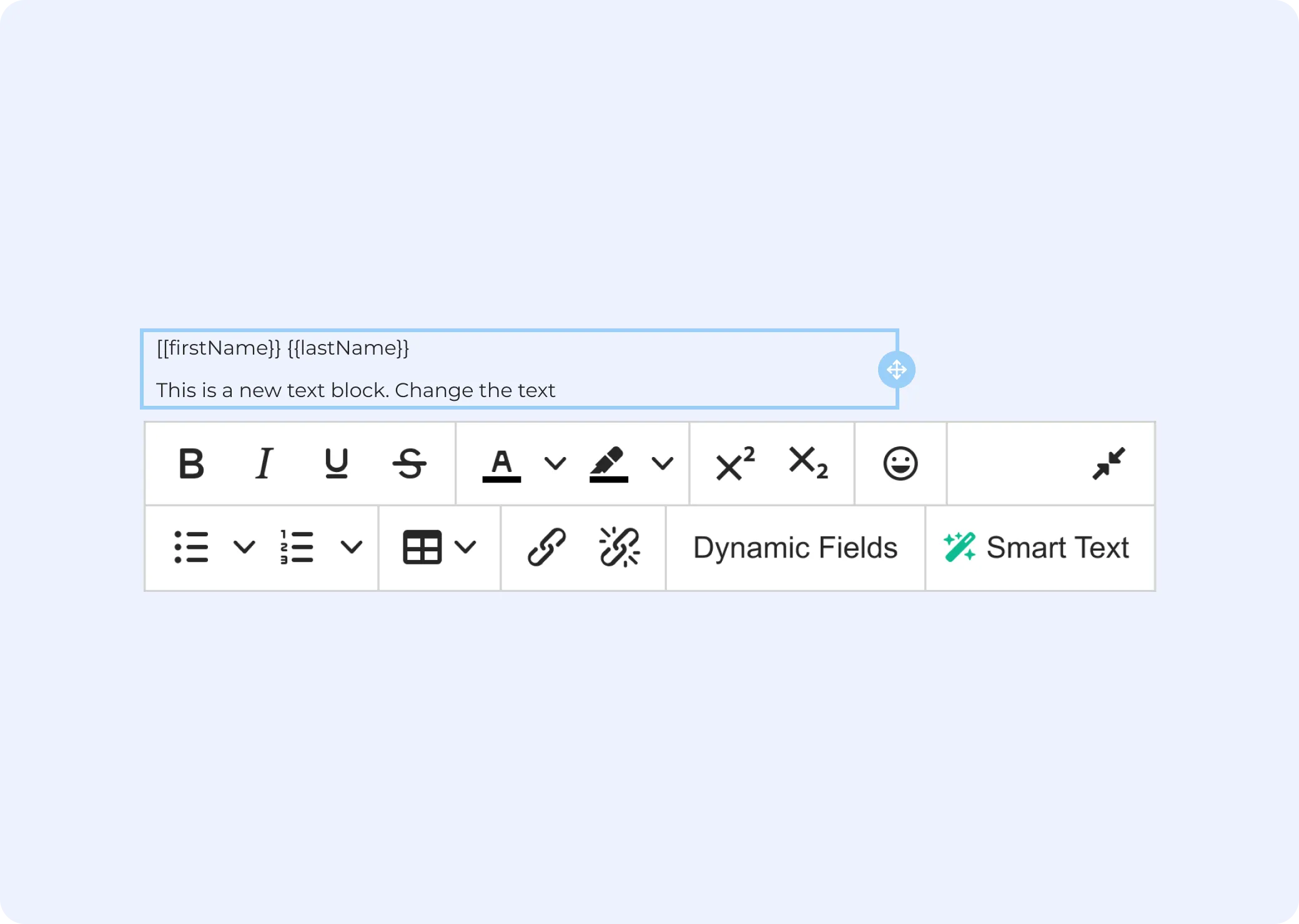 Email editor with dynamic fields for the recipient’s first and last names.