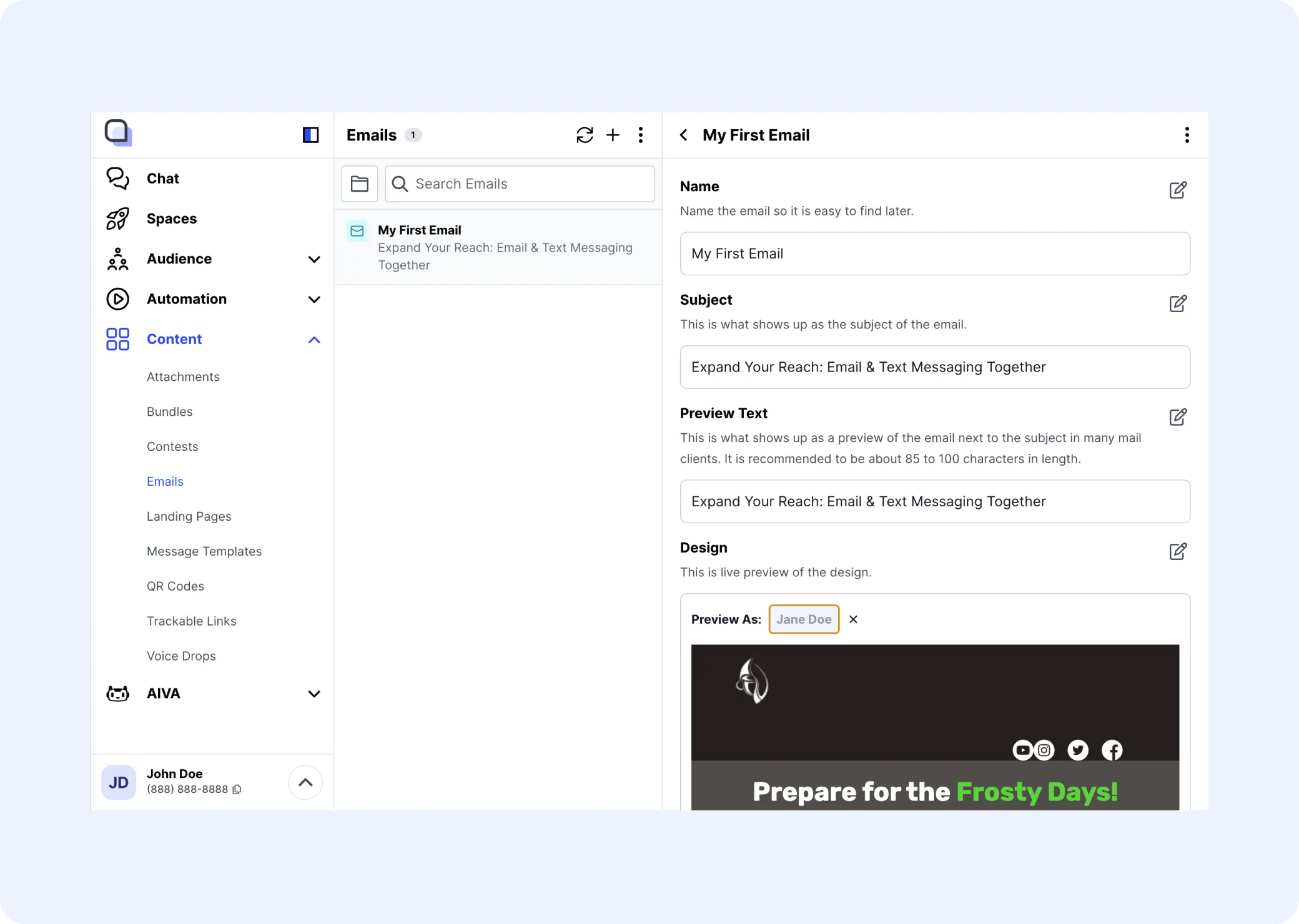 Email setup with subject, preview text, design, and a personalized preview.