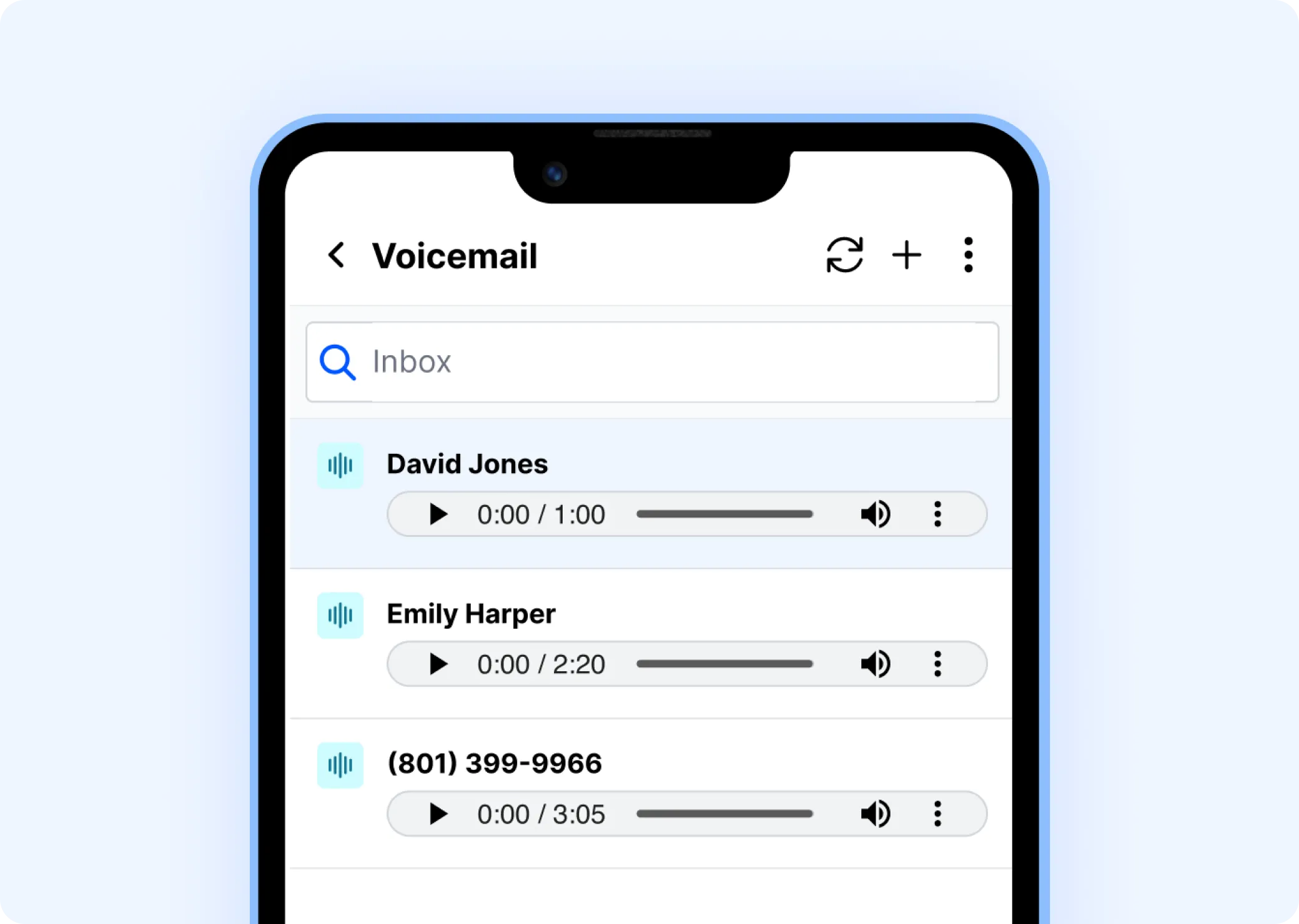 Voicemail inbox with recordings and playback controls.