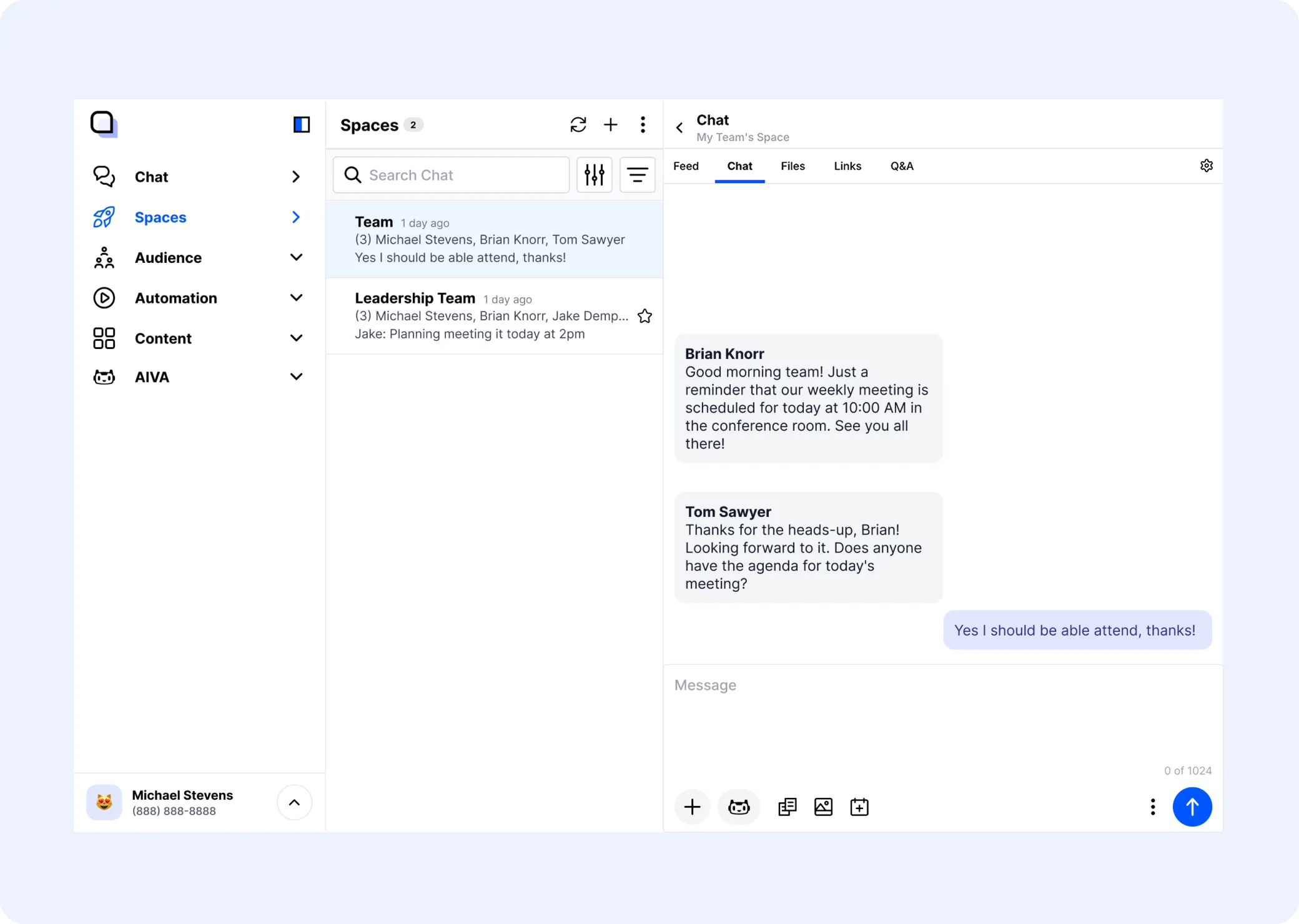Spaces includes group chat alongside channels for files, links, questions, and activity.