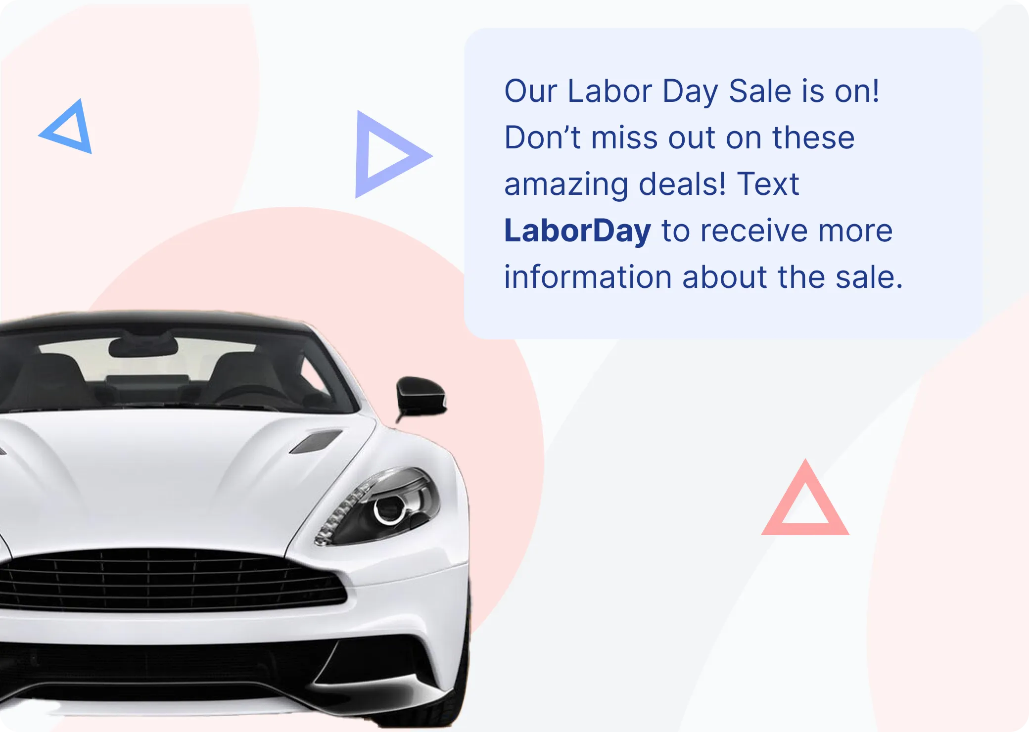 Car dealership promotion inviting customers to text a keyword for sale details.