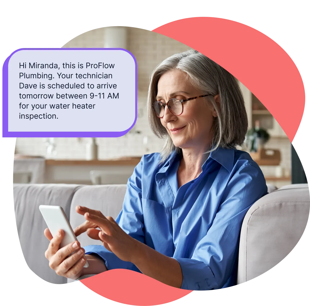 A homeowner reading an appointment text from her plumber