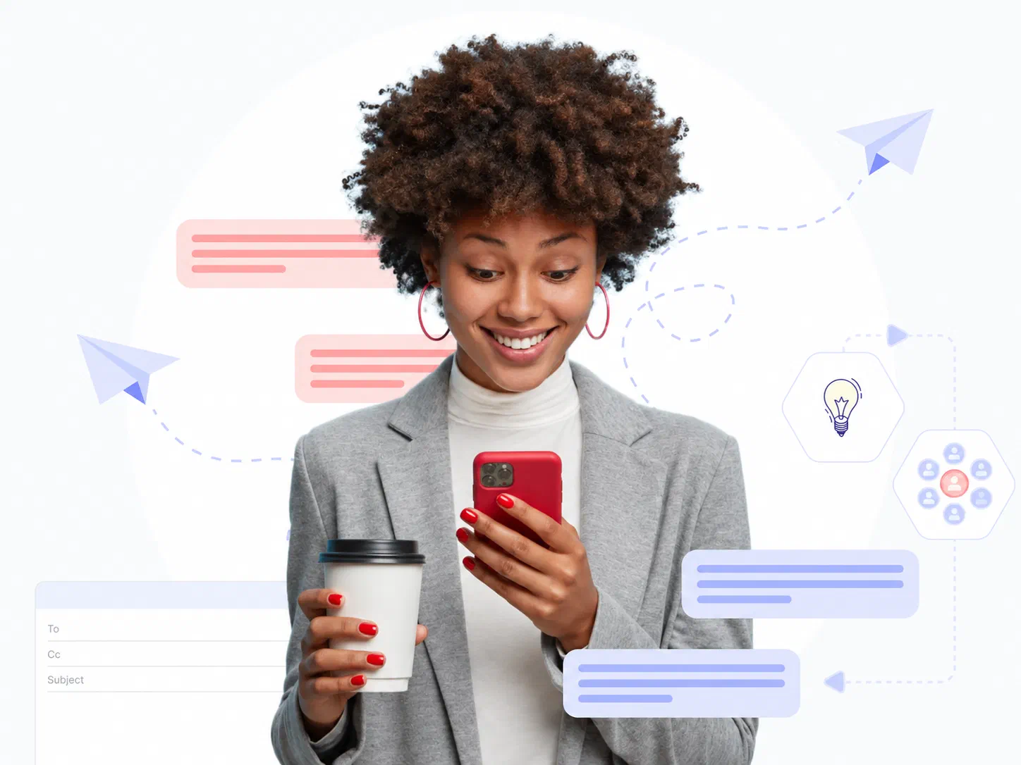 Woman smiling at a text on her phone, surrounded by messaging illustrations