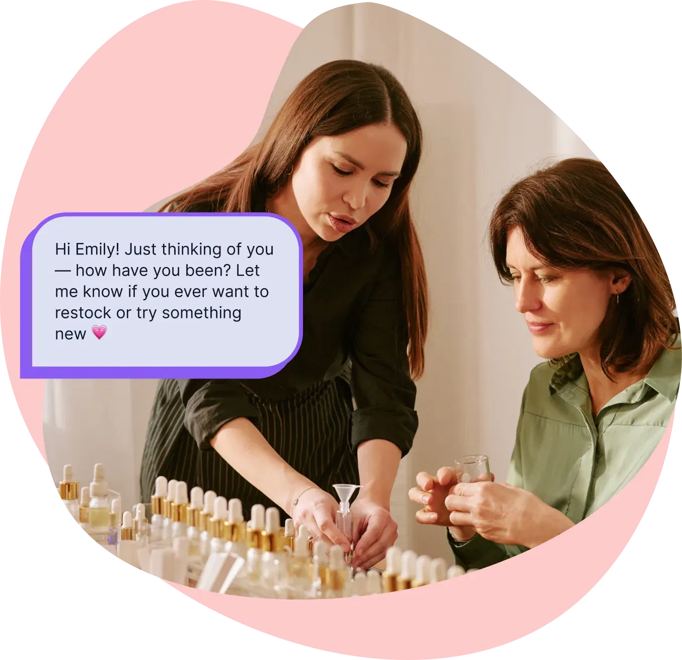 A direct seller showing products to a customer, with a check-in text on screen