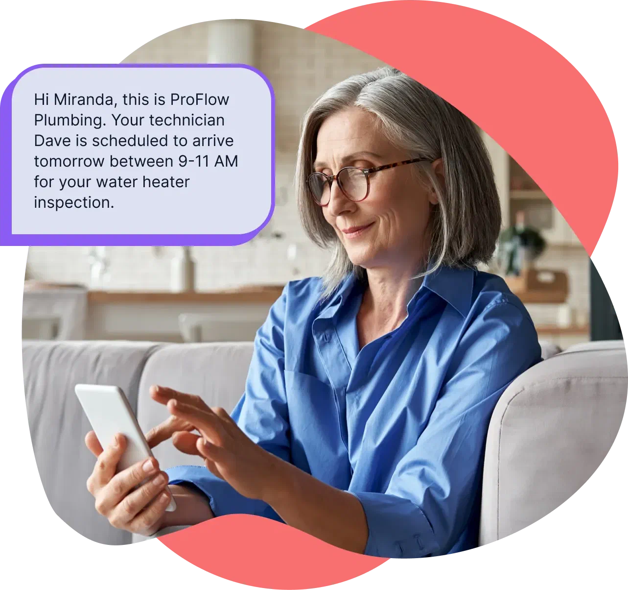 A homeowner reading an appointment text from her plumber
