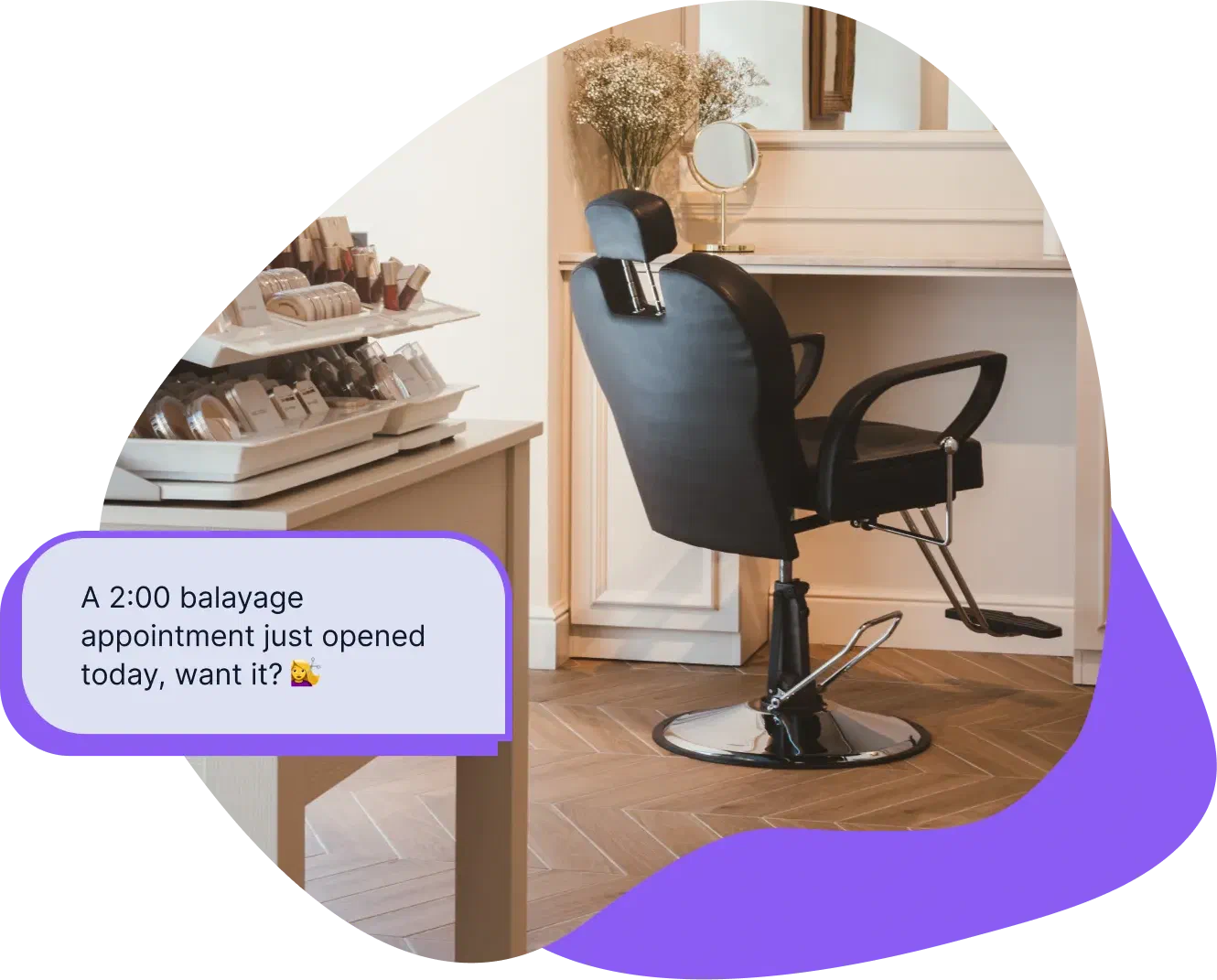An empty salon chair with a text offering a same-day opening